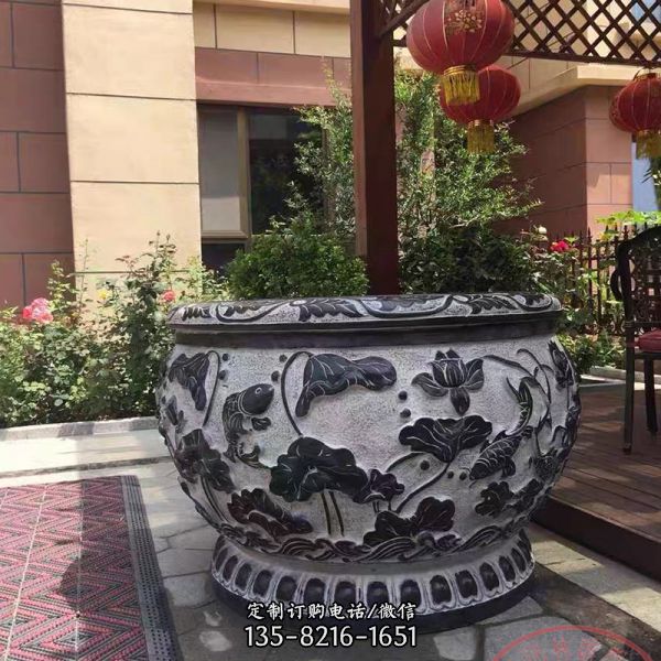 青石石雕庭院創意浮雕荷花花盆雕塑