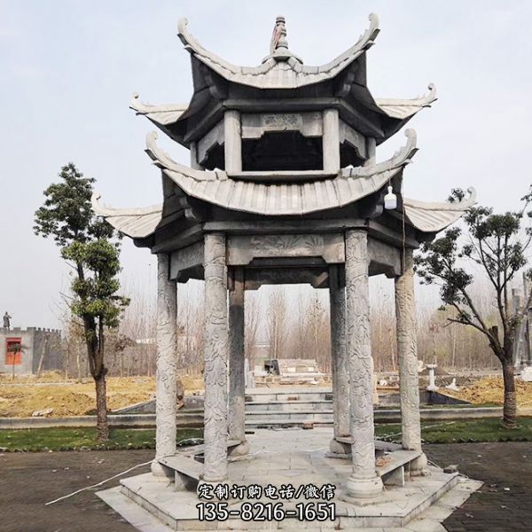景區廣場擺放休閑花崗巖二層頂蓋涼亭