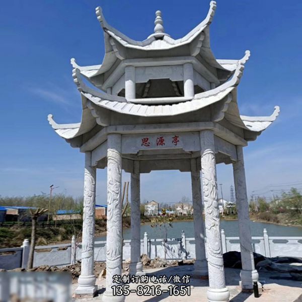 城市河道邊擺放雙層青石仿古涼亭景觀雕塑