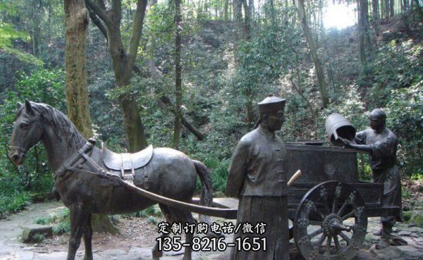 景區商業街擺放做舊仿古兒童打水青銅馬車雕塑