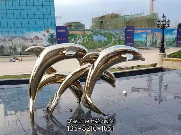 戶外廣場不銹鋼鏡面跳躍的海豚雕塑