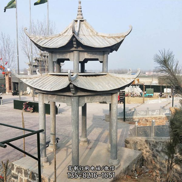 景區(qū)廣場擺放雙層頂青石涼亭雕塑