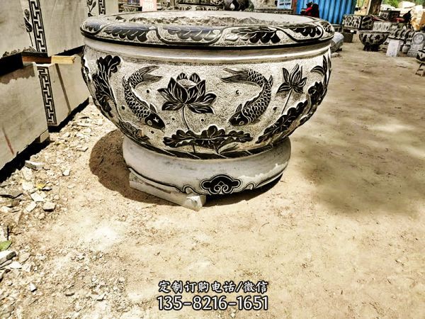 庭院大理石石雕浮雕鯉魚荷花戶外園林創(chuàng)意擺件缸雕塑