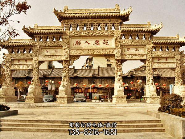 步行街大理石仿古建筑五門樓牌坊