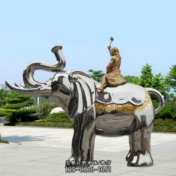 廣場不銹鋼創意鏡面女孩騎著大象雕塑