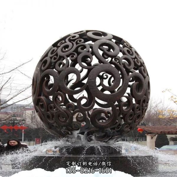 花園抽象不銹鋼仿古做舊噴泉鏤空球雕塑