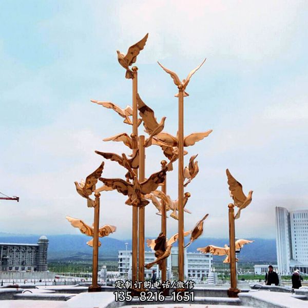 不銹鋼噴金烤漆鏡面創(chuàng)意飛翔鴿子雕塑