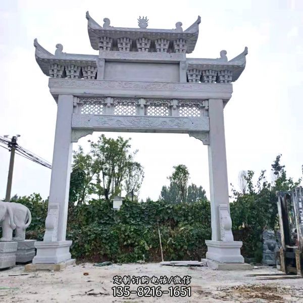 浮雕漢白玉單門三樓斗拱石雕牌坊