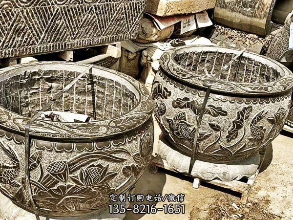 寺廟庭院仿古做舊青石石雕荷花缸雕塑