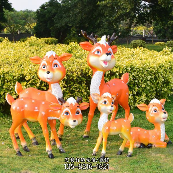 公園一家五口樹脂彩繪梅花鹿雕塑