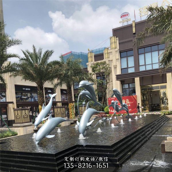 戶外噴泉多只潛泳的不銹鋼海豚雕塑