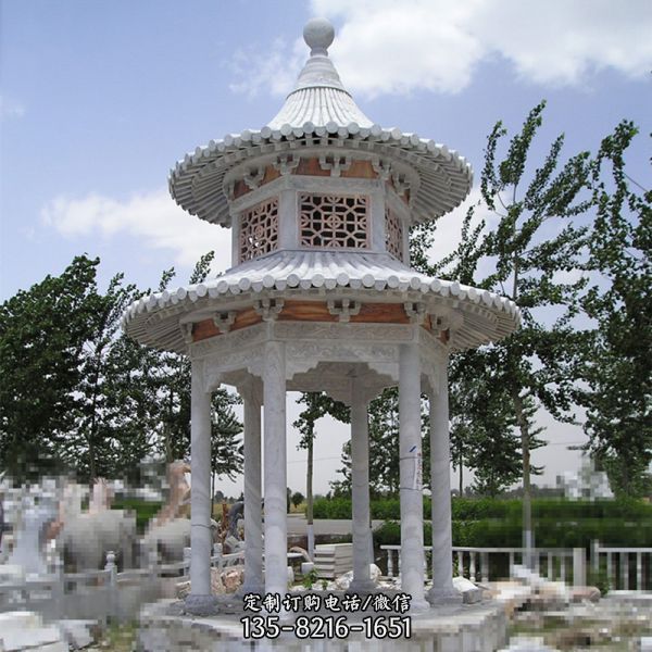 園林景觀漢白玉雙層鏤空仿古建涼亭雕塑