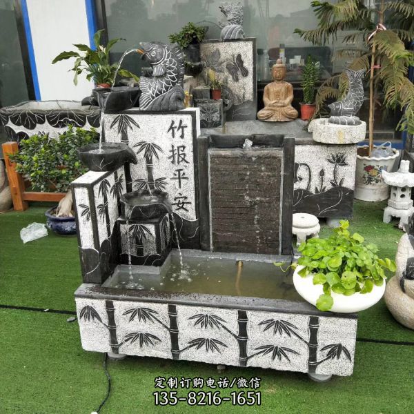 鯉魚吐流水擺件仿古青石荷花石雕魚缸室內石槽庭院水景