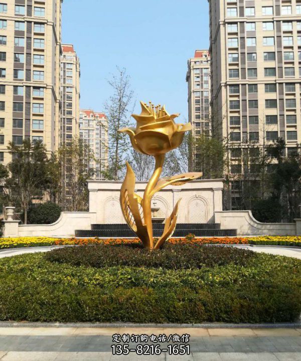 不銹鋼噴金烤漆小區景觀花朵雕塑