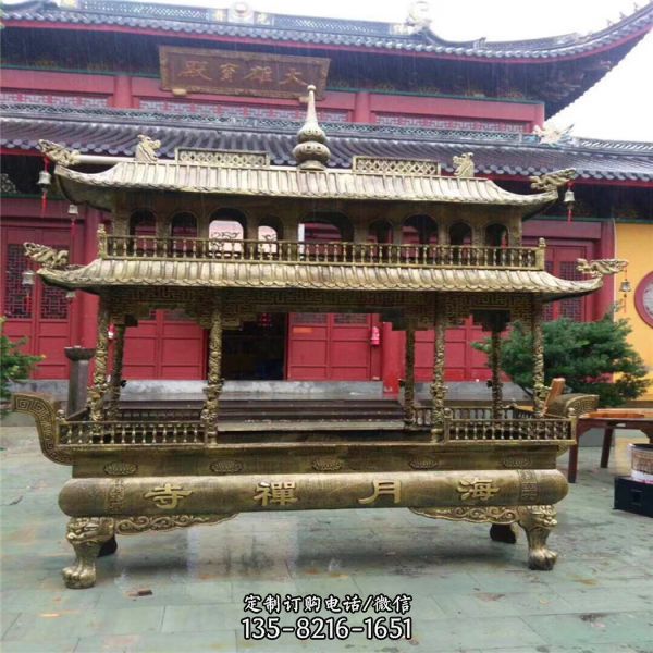 八龍柱仿古道教寺院二層黃銅香爐