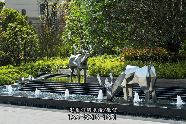 景區創意不銹鋼喝水的幾何鹿雕塑