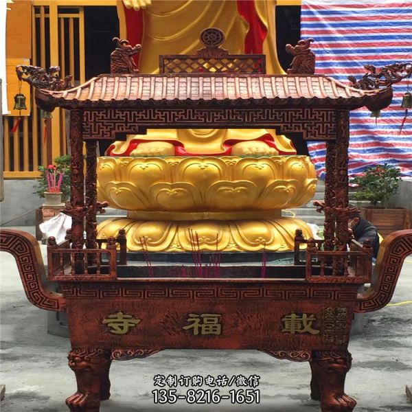 佛教寺廟擺放全銅浮雕四龍柱香爐雕塑