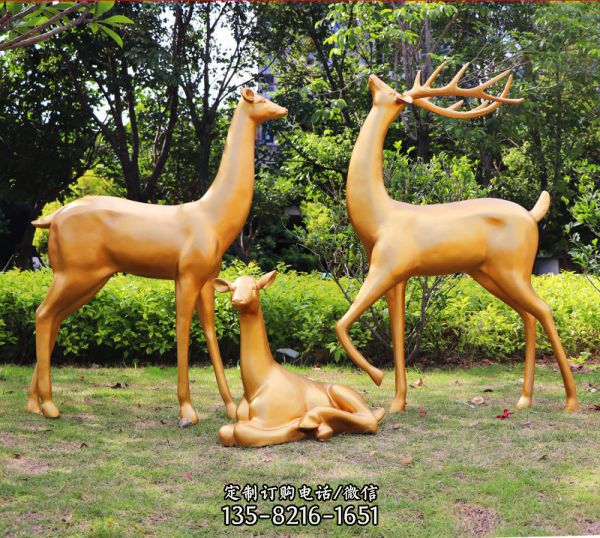 玻璃鋼仿銅公園仿真動物一家三口梅花鹿雕塑