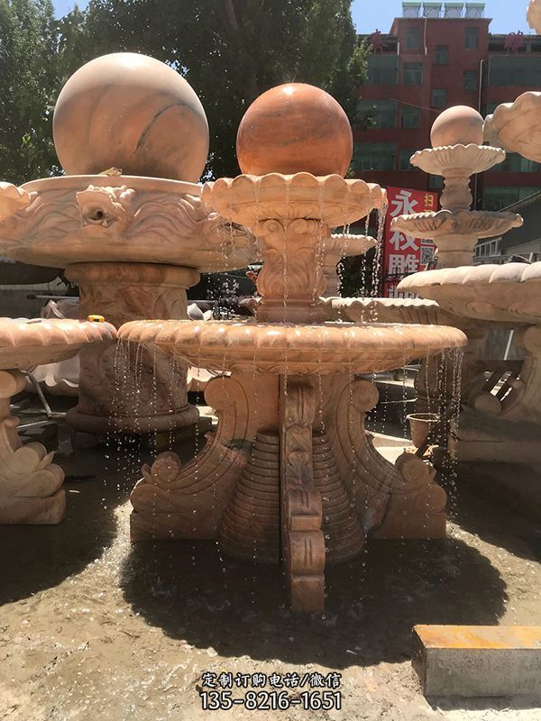 室外別墅擺放晚霞紅雙層風(fēng)水球石雕噴泉